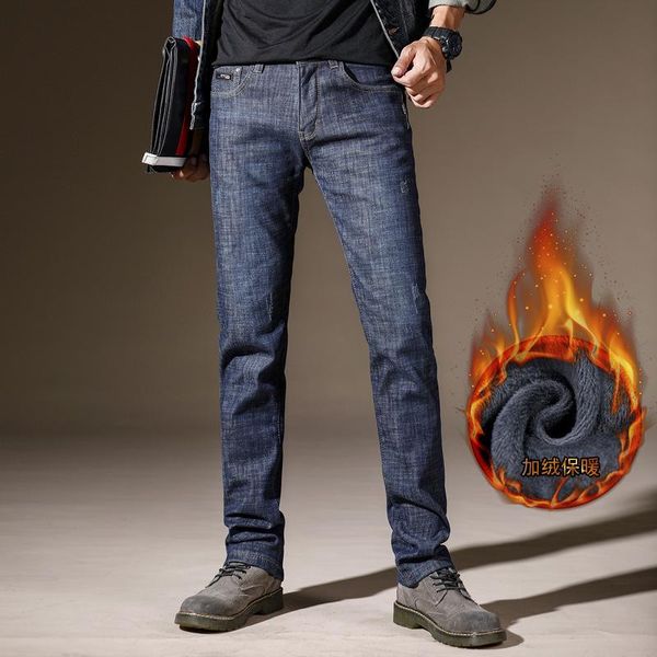 

undefined men stretch casual jean men's warm fleece jeans soft black brand pants jeans for men clothing, Blue