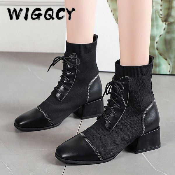 

boots ankle woman lace up shoes black square heel casual leather fashion botas mujer knitted sock plue size 42