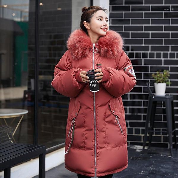 

2018 korean loose large fur collar cotton women's british fashion cloth stickers embroidery thick long down jacket1, Black