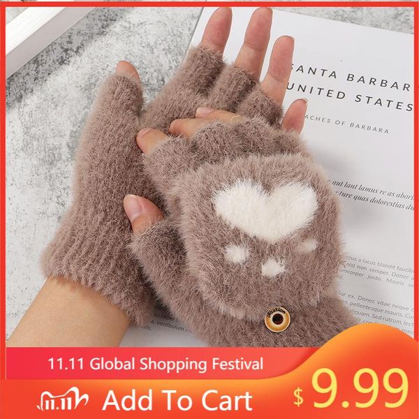 

five fingers gloves fingerless cartoon cute plush clamshell korean version winter women warm, Blue;gray
