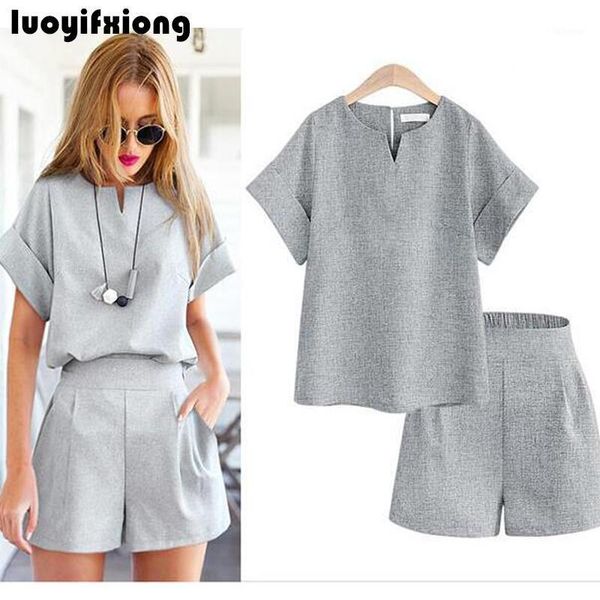 

luoyifxiong 2019 new women summer casual v-neck short sleeve + shorts two piece set female office suit set women's costumes1, White