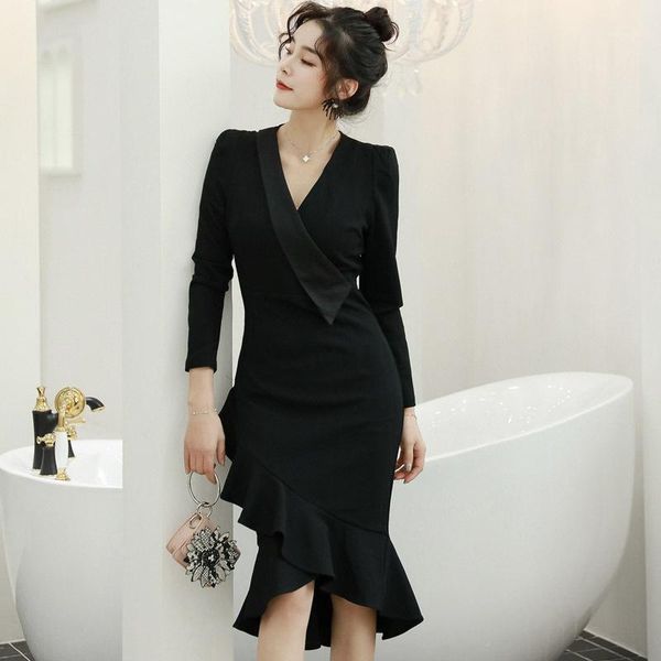 

autumn woman clothes party dress long sleeve solid color fish tail black dresses for women party fall 2020 women's clothing1, Black;gray