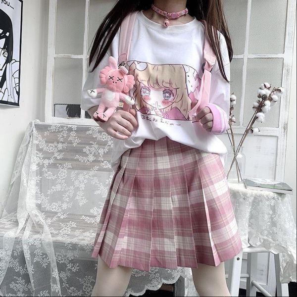 

two piece suit] summer new two dimensional animation fresh print short sleeved t shirt pleated skirt suit single pard para punk, Black