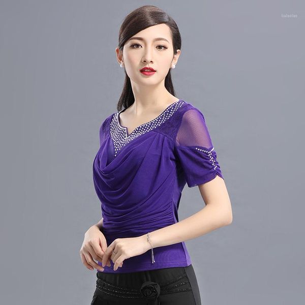 

latin dance shirt ladies diamond dancing short sleeve print ice silk dancing ballroom square suit b-65311, Black;red
