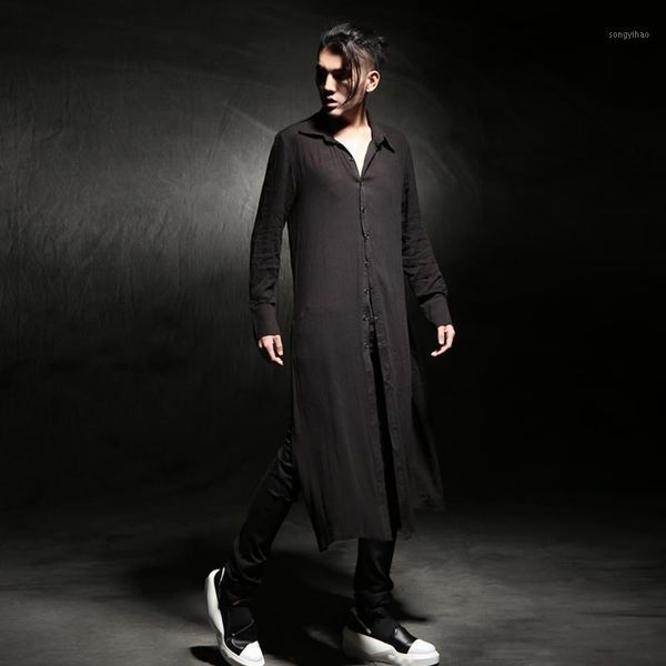 

2021 new men clothing hair stylist male summer casual long-sleeve shirt linen shirt ultra thin loose long trench singer costumes1, White;black