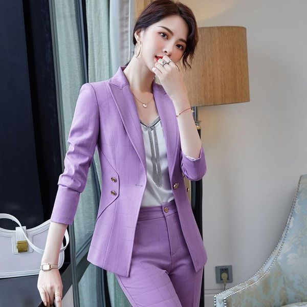 

women's two piece pants izicfly autumn winter purple career professional pant suits ladies office business blazer and trouser uniform s, White
