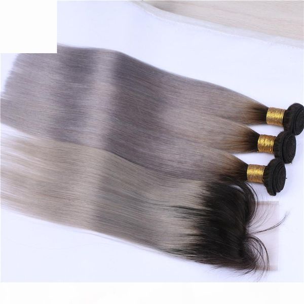 

#1b grey ombre 4x4 lace front closure with bundles 4pcs lot dark roots silver grey ombre peruvian straight human hair weaves with closure, Black