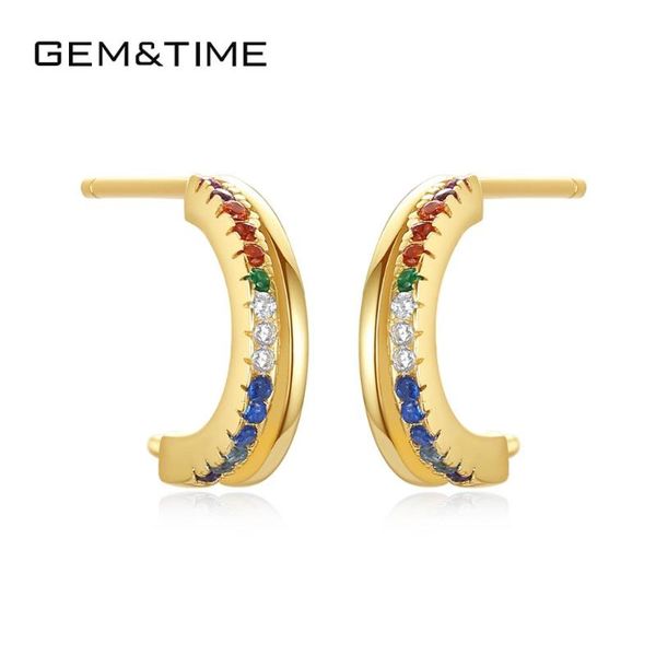 

gem&time 925 sterling silver jewelry row cubic zircon multicolor stud earrings 18k gold plated original earrings christmas, Golden;silver