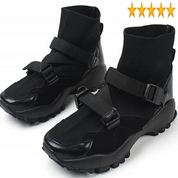 

bottom thick stretch increase knitting womens ankle spring autumn new buckle round toe female casual platform boots1, Black
