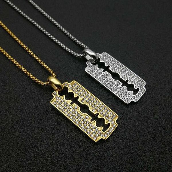 

fashion men iced out blade pendant necklace hip hop jewelry full rhinestone design 18k gold plated 61cm long chains punk necklaces for men, Silver