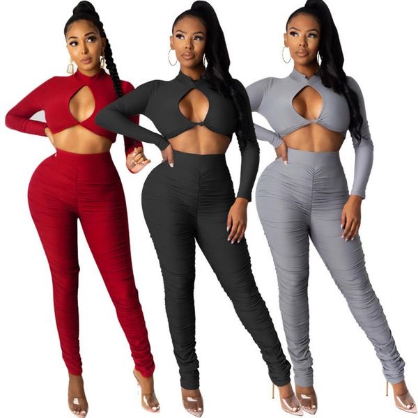 

bodycon two piece sets women fashion hollow front full sleeve crop and stacked skinny pant birthday party club outfits, Gray