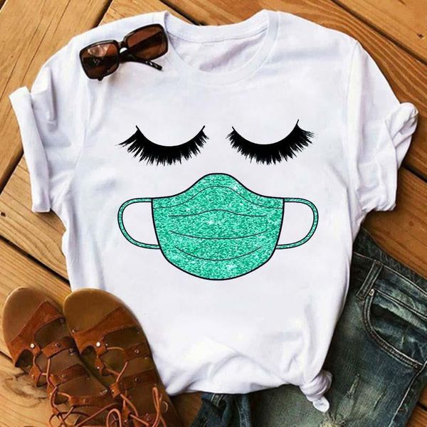 

eyelashes with facemask t-shirt women casual short sleeves tshirts shirts harajuku kawaii 90s round neck tee female, White