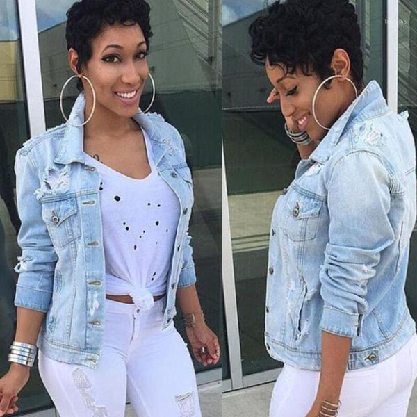 

europe united states female spring autumn new denim hole shirt fashion loose large size 5xl denim jacket jeans manteau femme d81, Black;brown