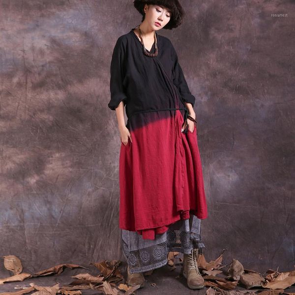 

johnature 2019 spring women tie dye long trench coats new vintage cotton linen loose sashes belt patchwork irregular coats1, Tan;black