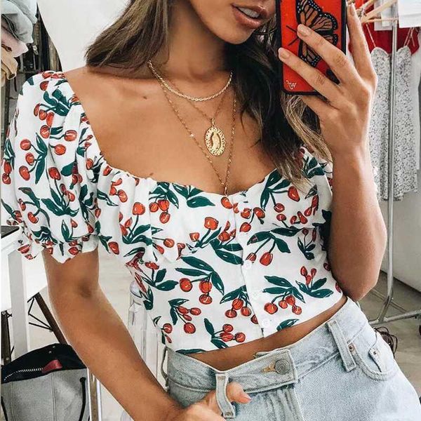 

summer women shirt blouse tees elegant 2019 retro u-neck sweetheart cherry puff sleeve shirt blouse female1, White