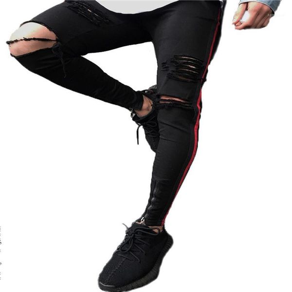 

men hip hop skinny motorcycle denim pants ankle zipper designer black jeans mens pantalones vaqueros hombre biker jeans men1, Blue