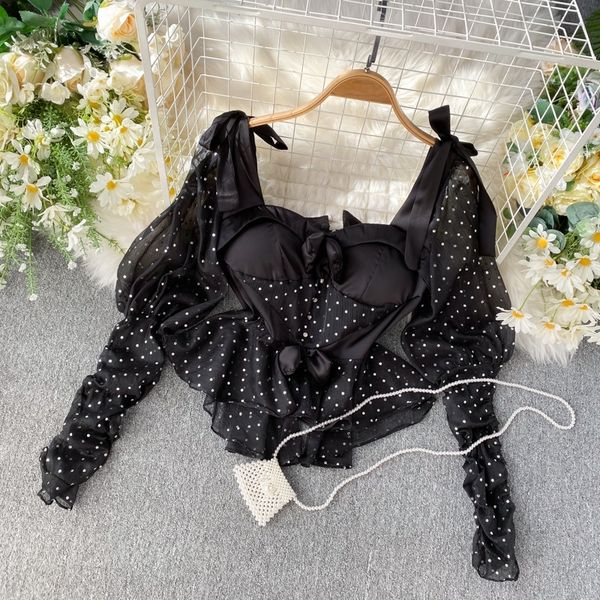 

women's vintage style shirt design puff sleeves short ruffled shirt sweet square collar bow patchwork short blouse ml639 201201, White