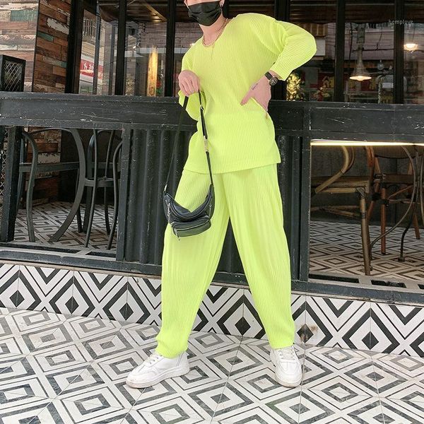 

iefb men's pleated two pieces set 2021 spring new causal o-neck long sleeve t-shirts + loose elastic waist harem pants 9y52841, Gray