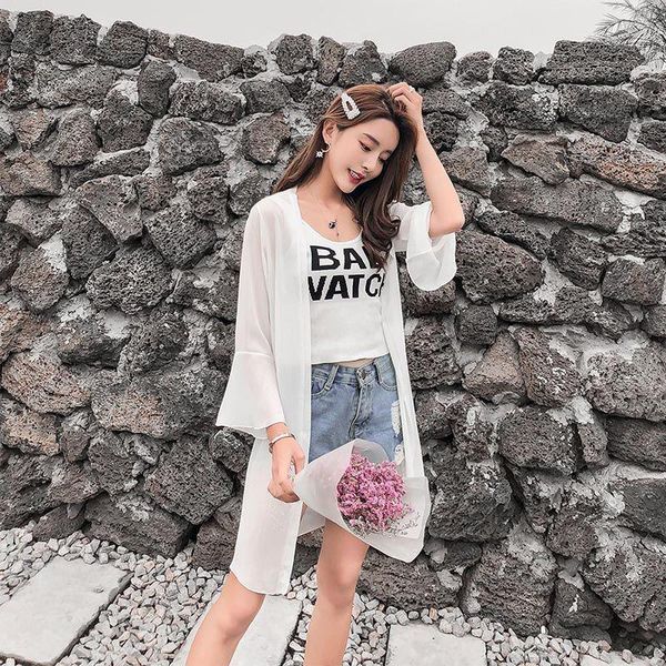 

summer long loose blouse women casual vintage cardigan ladies blouse rk, White