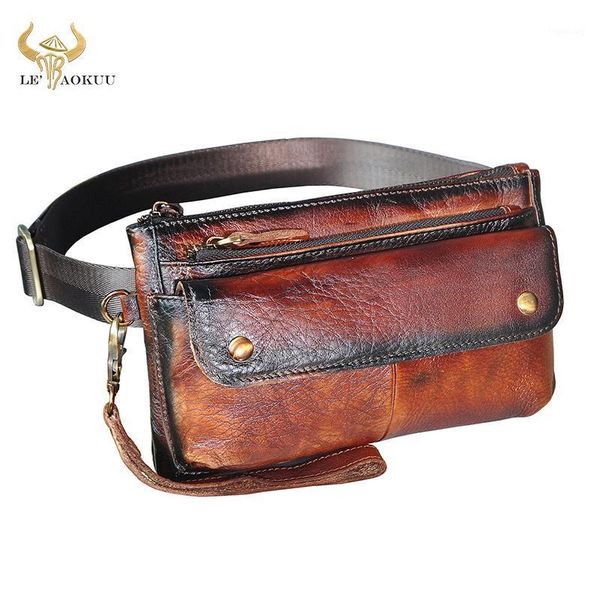 

waist bags genuine leather men vintage design fanny belt bag chest pack fashion wine travel 7" phone cigarette case pouch male 81361