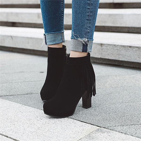 

boots ymechic 2021 fashion high heel ankle tassel side zipper platform shoes black booties winter ladies short boot large size
