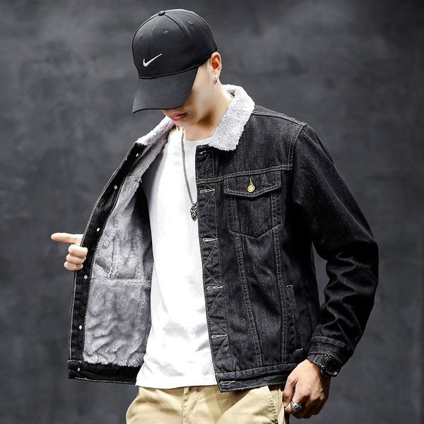 

warm wool liner fleece jean coats men's winter spring thicker denim jacket turn down fur collar cowboys outerwear, Black;brown