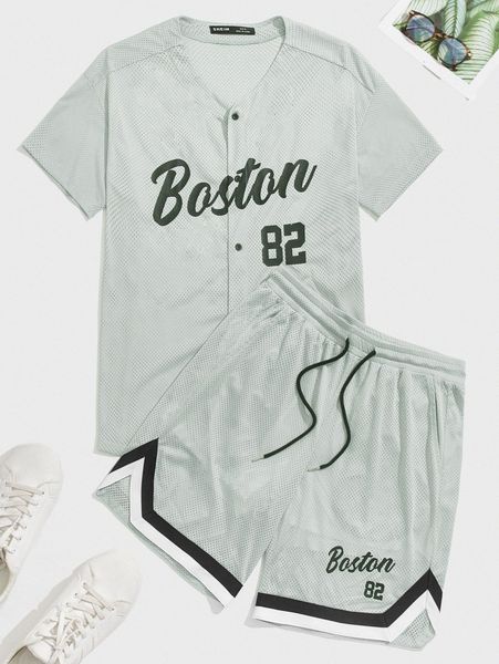 

men letter graphic & drawstring waist shorts h8af#, Gray