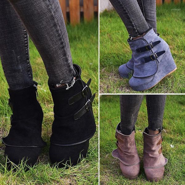

women boots faux suede leather wedge platform boots hidden heel shoes high casual shoes for woman ankle boot jt-687-11, Black