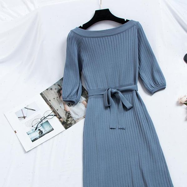 

women knit sweet midi dresses elegant korean fashion a line lace up bow girl autumn 2021 preppy style casual chic sweater dress, Black;gray
