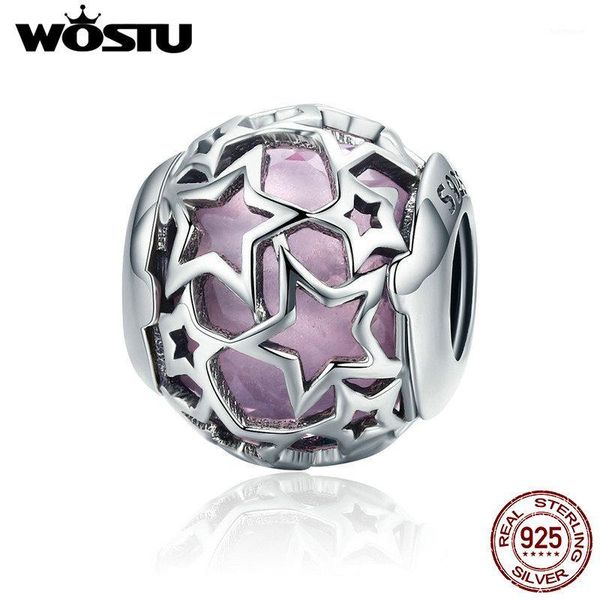 

wostu fashion new 925 sterling silver shimmering star pink crystal cz beads fit charm bracelets & bangles for women jewelry1