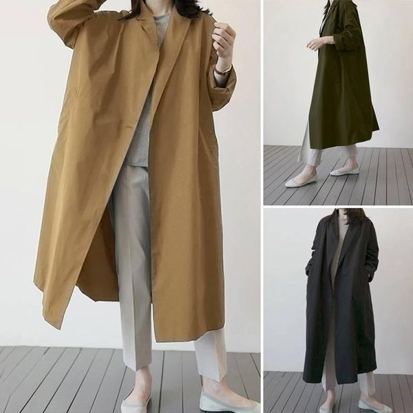 

zanzea female autumn fashion midi coat women's solid lapel pocket coats casual long sleeves single-button windbreaker oversized, Tan;black