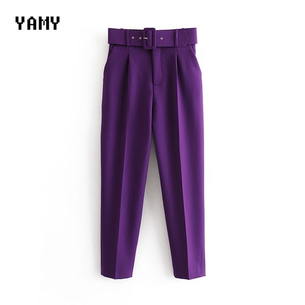 

new womens casual purple pant capris with belt high waist yellow chic office lady pant trousers streetwear female zoravicky pant lj200820, Black;white