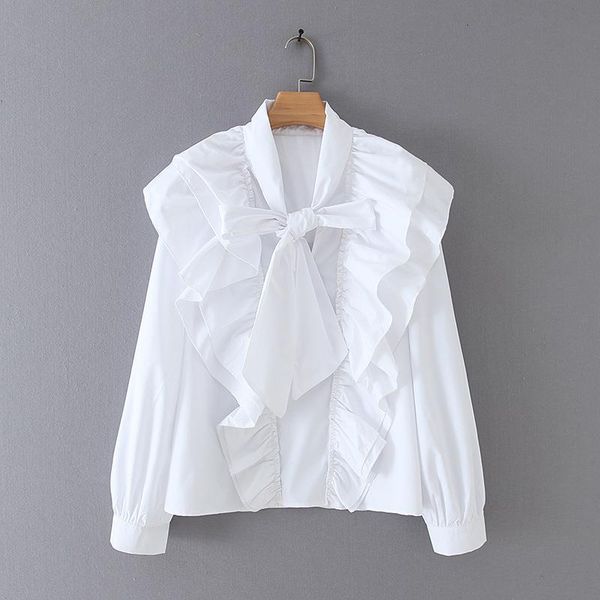 

women chic bow tie collar white blouse ruffles long sleeve office wear female shirt elegant solid blusas