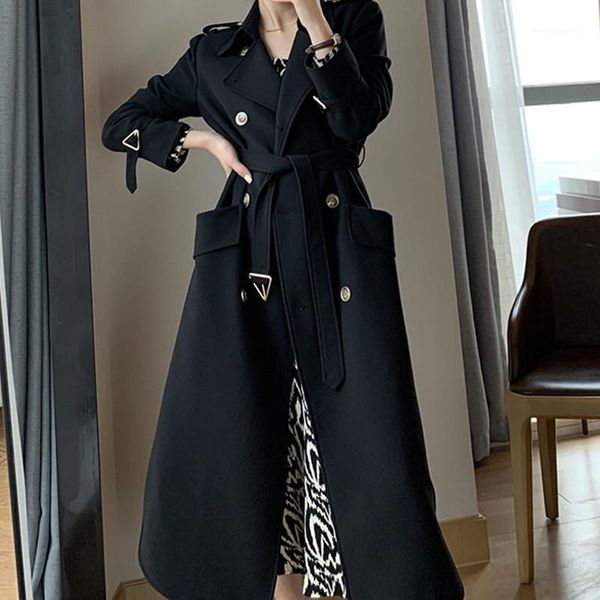 

women's trench coats temperament black coat women clothing 2021 korean spring autumn fashion mid-length loose goddess fan windbreaker c, Tan;black