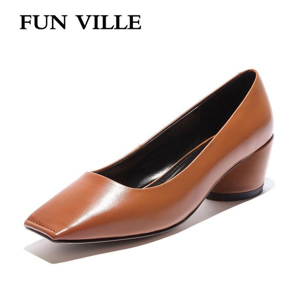 

fun ville 2020 spring autumn new fashion genuine leather pumps women's shoes high heels square toe ladies casual shoes, Black