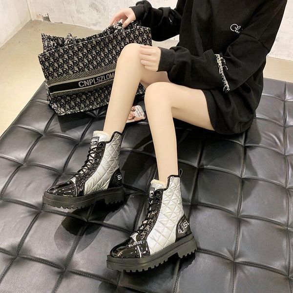

designer 2020 winter new down feather surface waterproof martin boots wedge heel thick bottom lace-up motorcycle boots plus velv, Black