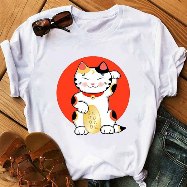 

fortune cat t shirt funny cat pattern women short sleeve tees print t shirt women cute anime shirt kawaii 90s fashion tshirt, White