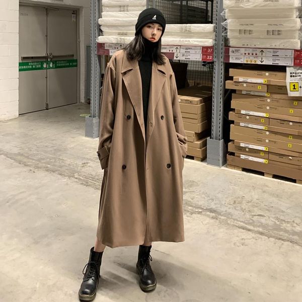 

women's wool & blends casual oversized long blend coats women 2021 men's harajuku winter side korean lace-up female outwear ladies, Black