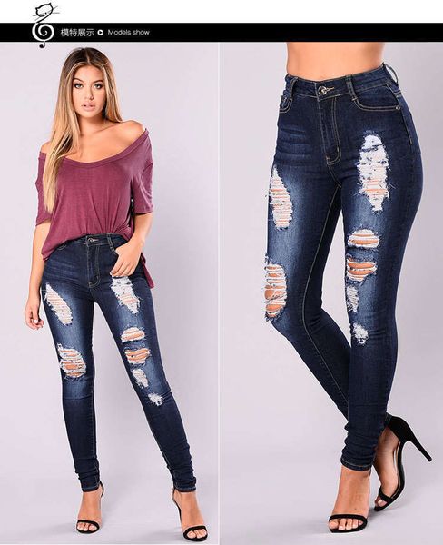 

women's middle waist slim elastic washing and worn out denim trousers hot, Blue