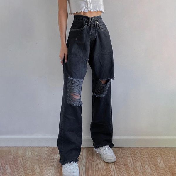

fashion high waist holes ripped jeans for women distressed leisure streetwear hip hop straight trousers denim pantalones mujer, Blue