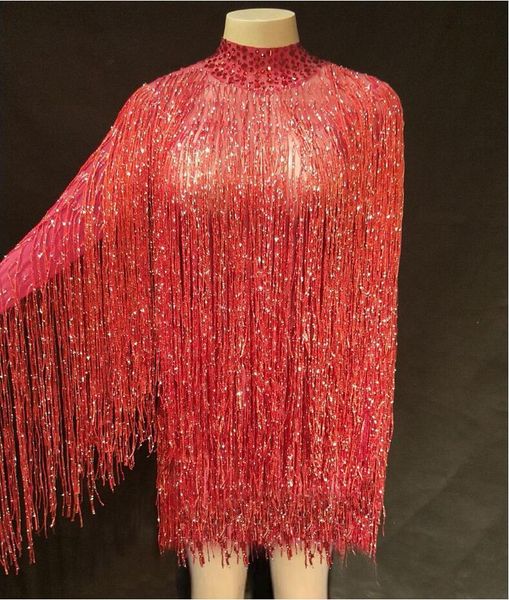 

stage wear 7 colors full tassel stones see through short dress women birthday stretch outfit prom dj singer dancer youdu, Black;red