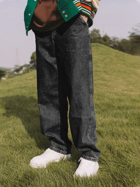 

men patched detail straight leg jeans j28b#, Blue