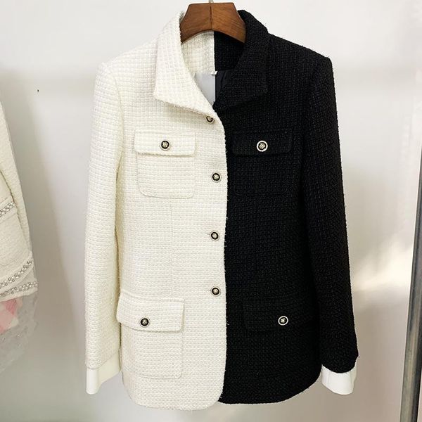 

2020 new fashion designer jacket women's color block wool blends tweed coat, White;black