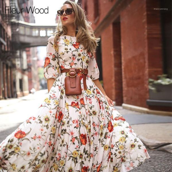 

fleur wood autumn woman dress floral print boho casual maxi dress elegant dresses for women clothes vestido not include belt1, Black;gray