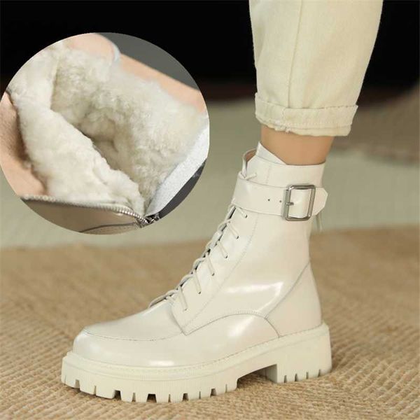 

boots pxelena fashion 2021 winter warm women snow wool fur buckle lace up chunky med heels split leather shoes plus size 34-42, Black