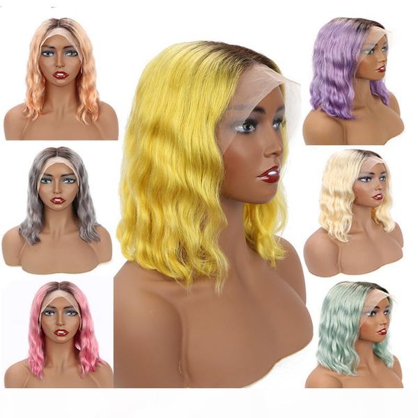 

colored human hair wigs 13x4 lace frontal wig malaysia body wave wig bob 613 lace front wigs blue gold grey pink neon purple, Black;brown
