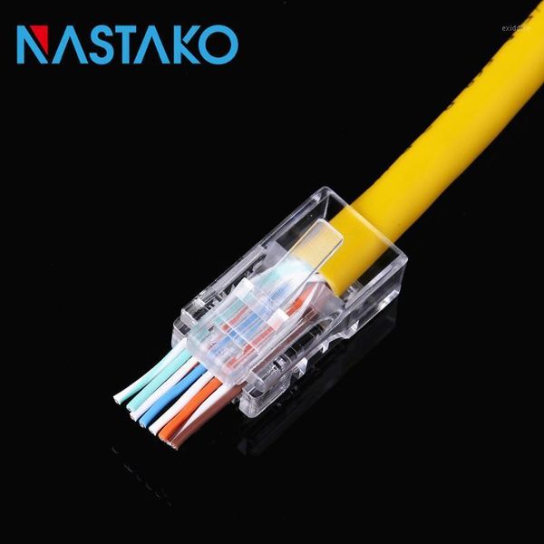

nastako 50/100pcs ez rj45 cat5 connector cat5e network connectors 8pin unshielded modular rj45 plugs utp cable have hole pass1