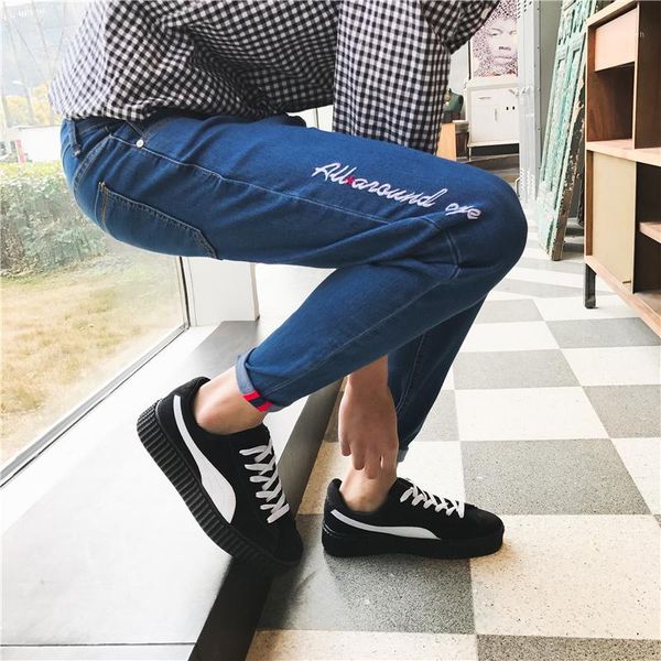 

fashion hip hop patch men retro jeans knee rap hole zipped biker jeans men loose slim destroyed torn ripped denim man1, Blue