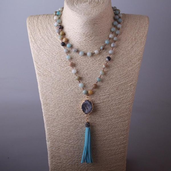 

pendant necklaces amazonite stones bohemian tribal jewelry druzy and big blue tassel necklace, Silver