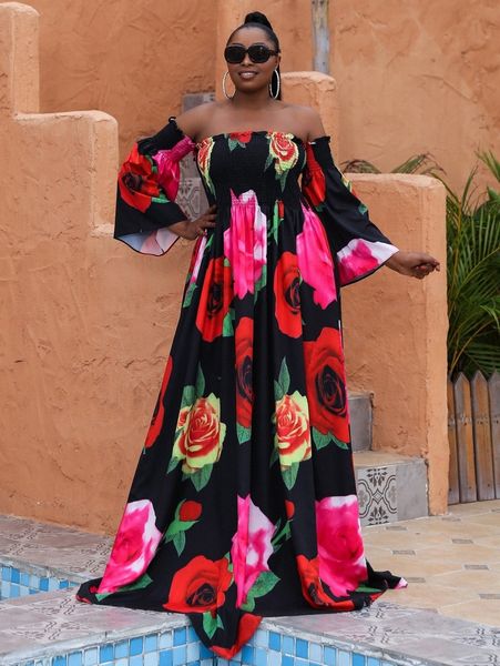 

seomiscky plus floral print shirred bardot dress x0yh#, Black